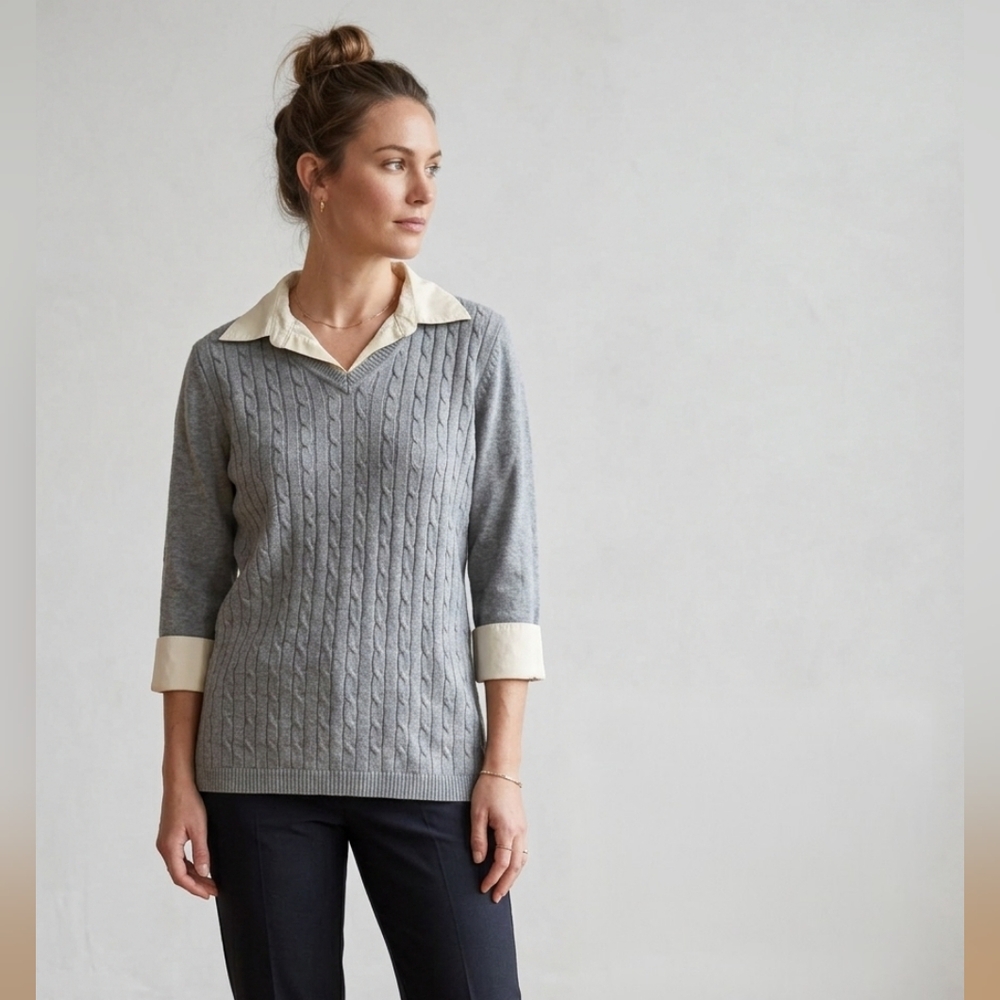 Elementz Woman Gray Cable Knit Sweater | Mock Layered White Collar & Cuffs | Siz